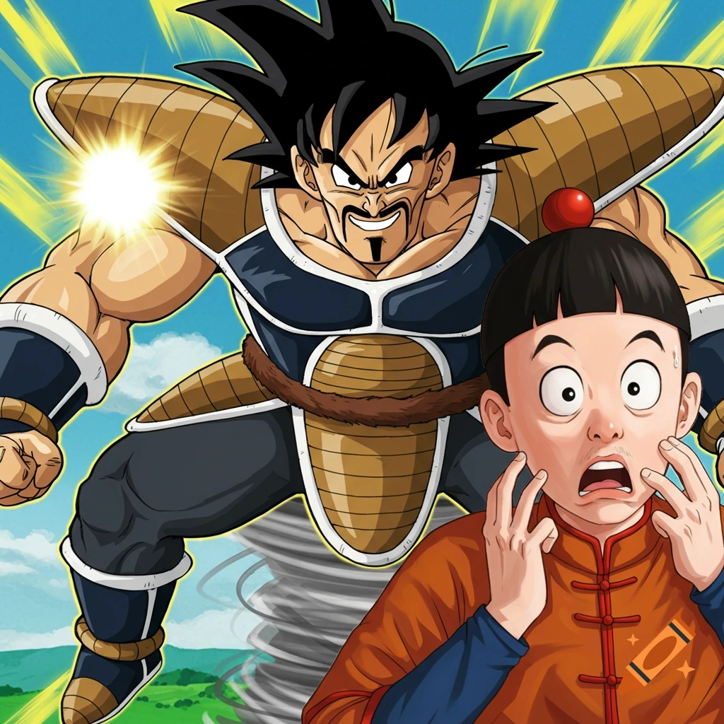 Nappa powers up behind a scared Chiaotzu, causing a tornado, Dragon Ball Z style.