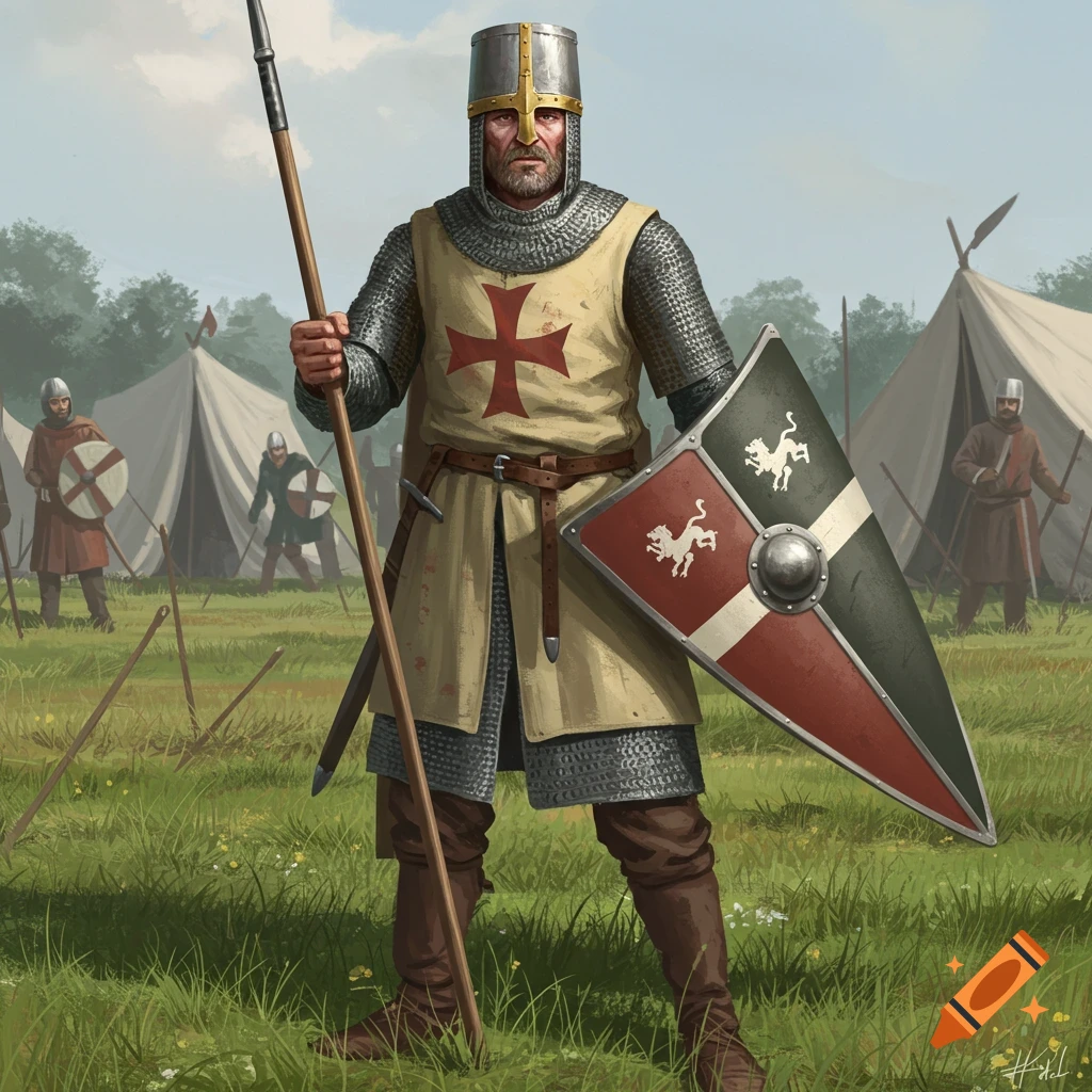 A knight in chainmail and surcoat with a red cross, holding a spear and shield in a military camp.