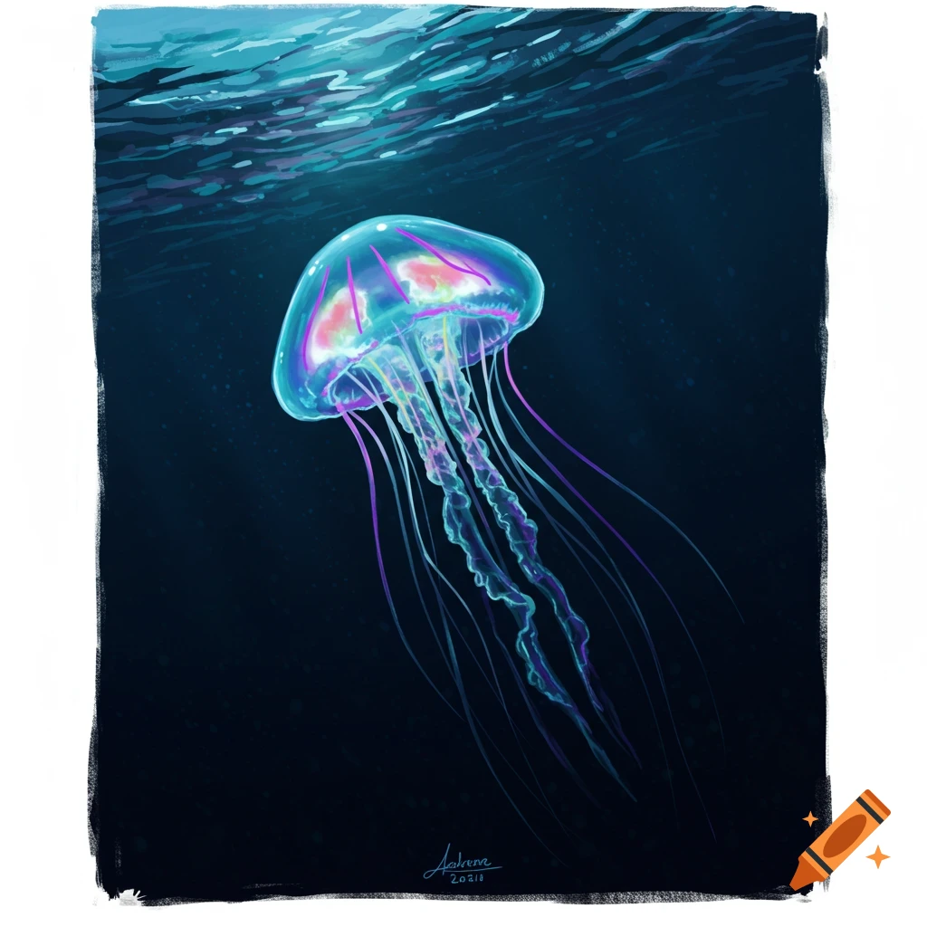 A glowing blue and purple jellyfish floating in deep water.