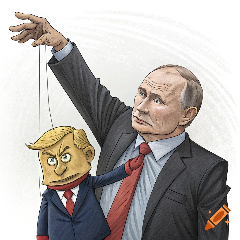 Cartoon illustration of Vladimir Putin controlling a Donald Trump puppet.
