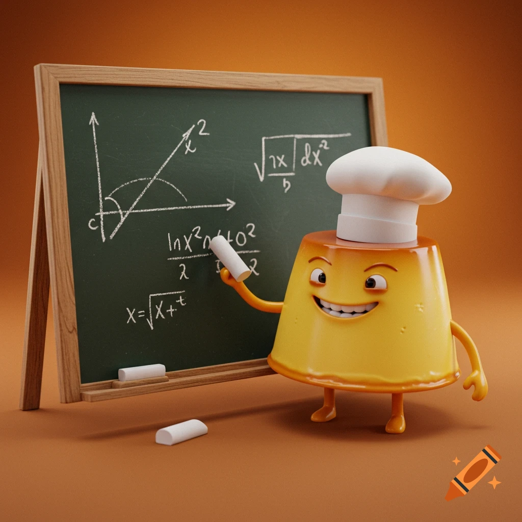 Cartoon flan character with a chef hat drawing math equations on a chalkboard.