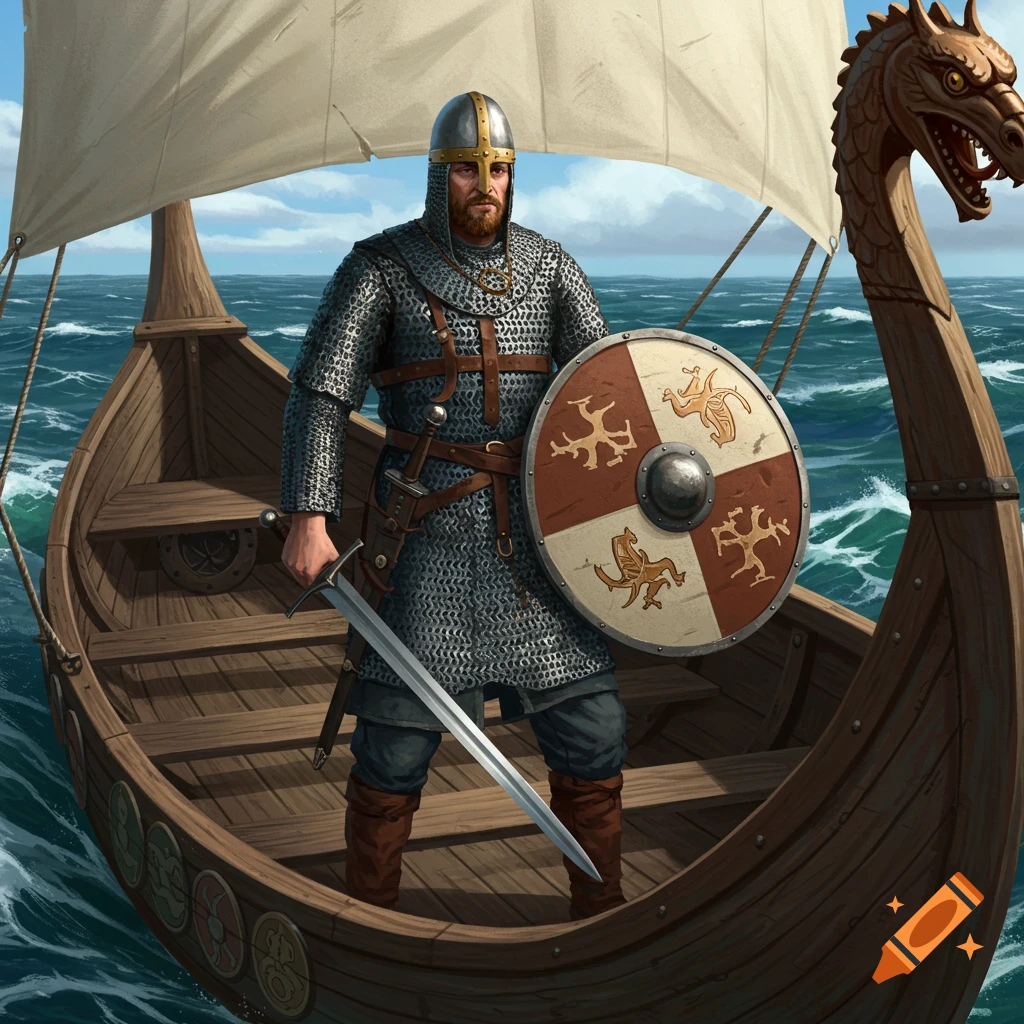 Warrior in chainmail with sword and shield stands on a longboat at sea.