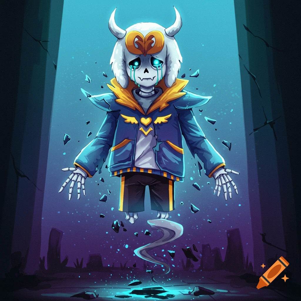 Digital art of a skeletal character with horns and blue jacket floating amidst debris in a dark environment