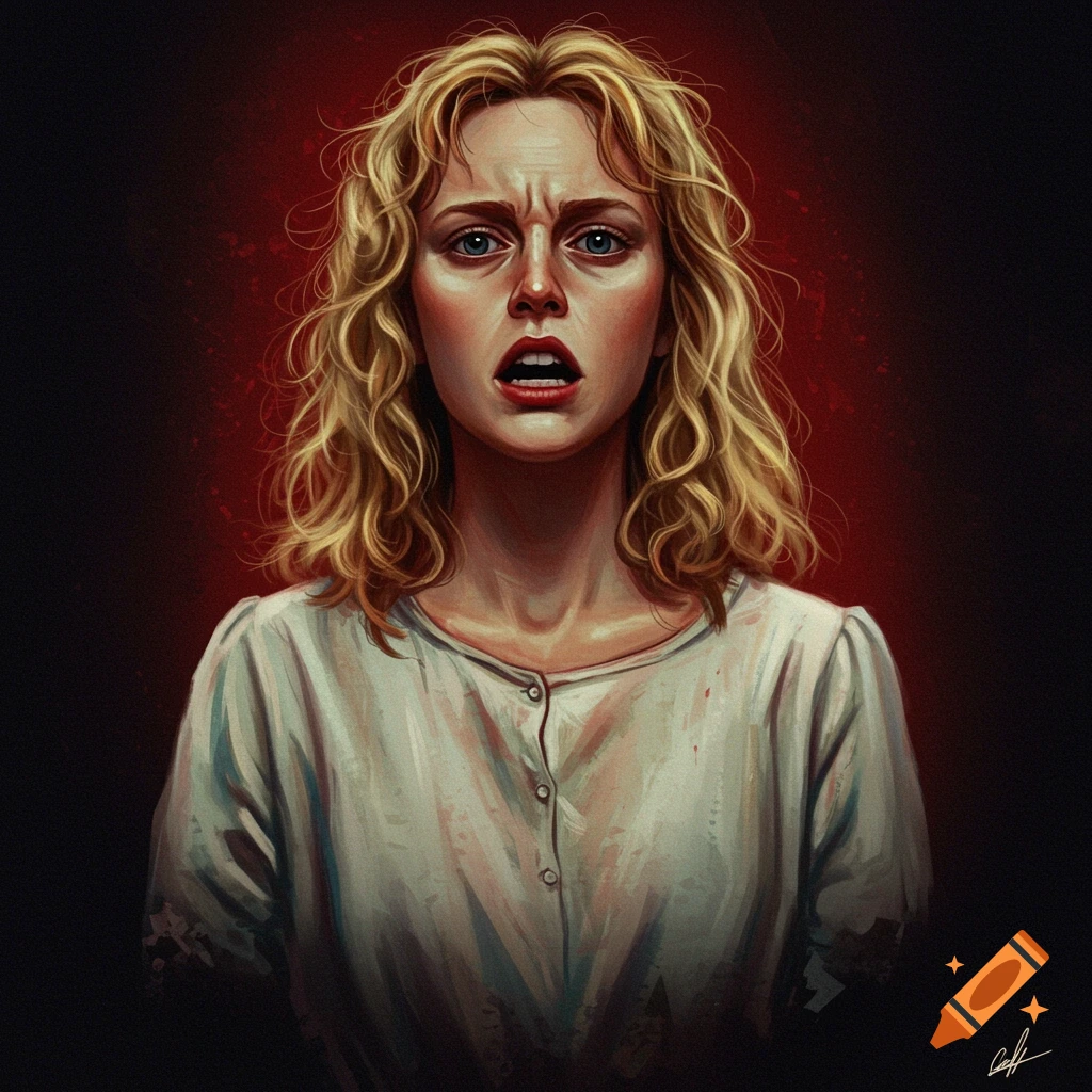 A distressed young woman with curly blonde hair and a stained white shirt stands against a dark red background.