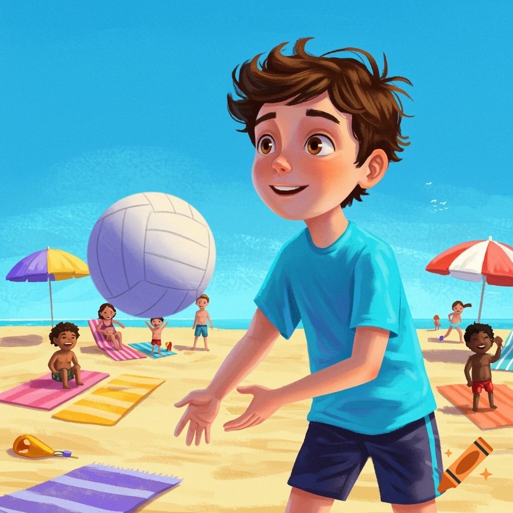 A boy plays volleyball on a sunny beach with other children.