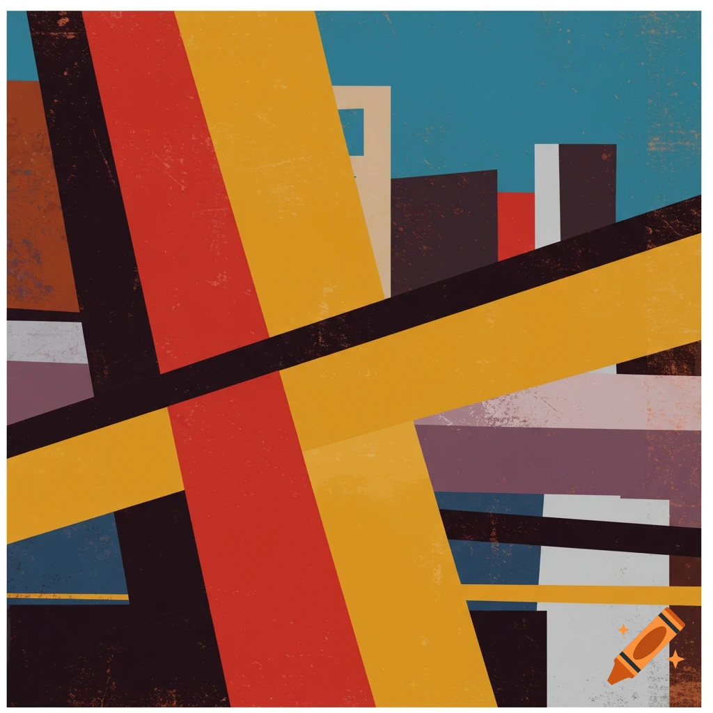 Abstract geometric composition with intersecting yellow, red, and black shapes against a blue background, in a style reminiscent of pictorial modernism.