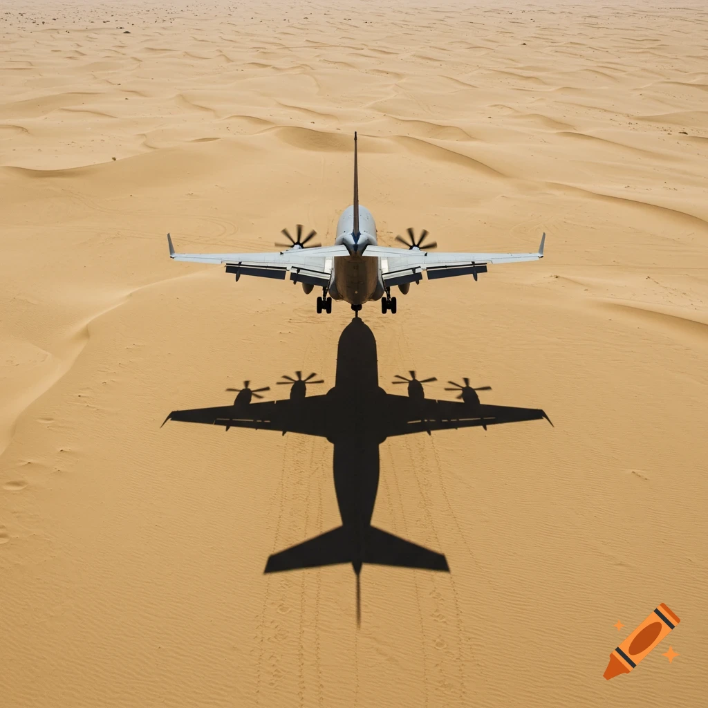 Aircraft landing in a sandy desert with its shadow below.