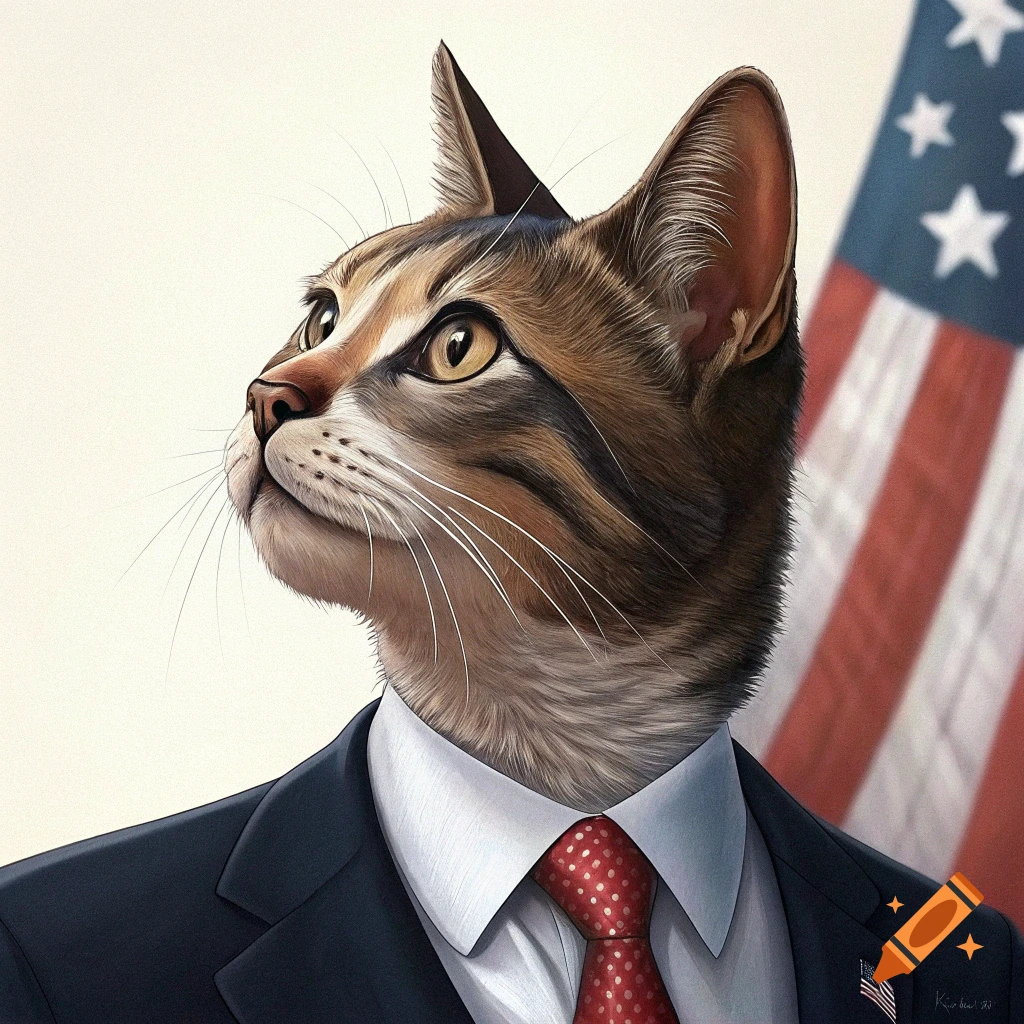 Portrait of a tabby cat wearing a suit and tie in front of an American flag