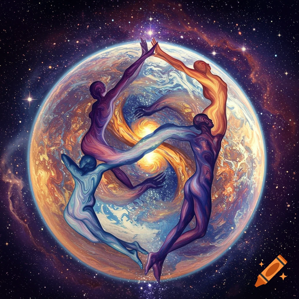 Psychedelic art of four intertwined figures surrounding the Earth in space, rendered in swirling colors.