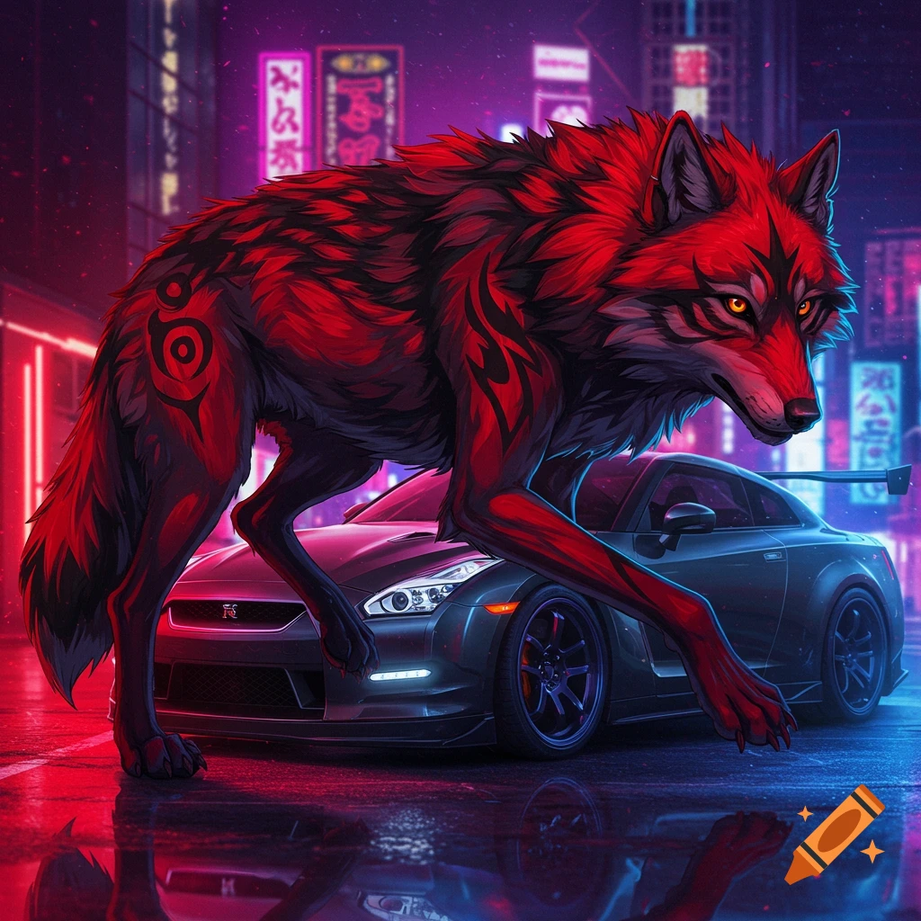 Stylized red and black wolf climbing onto a dark grey sports car in a neon-lit cyberpunk city street.