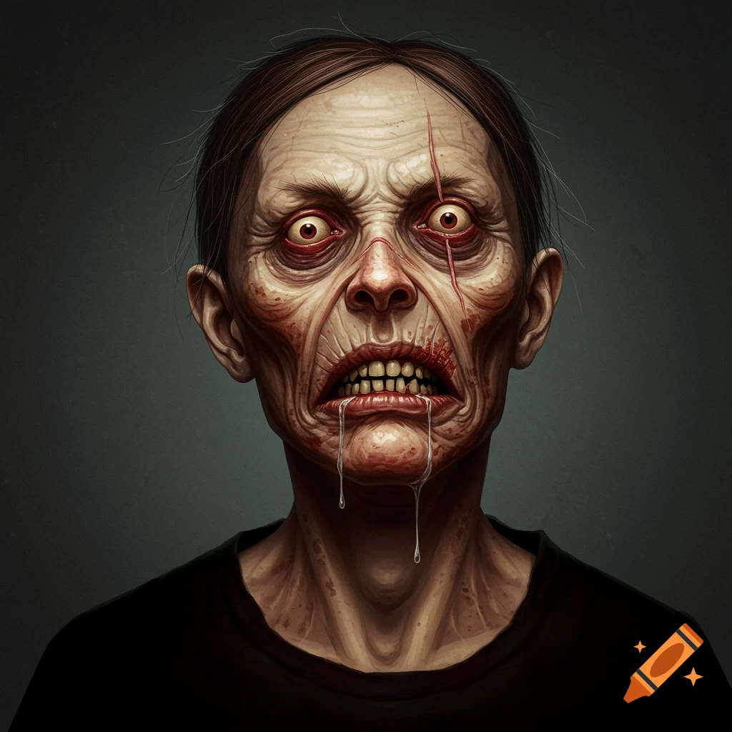 A grotesque, zombie-like face with red eyes, jagged teeth, drool, blood, and a scar.