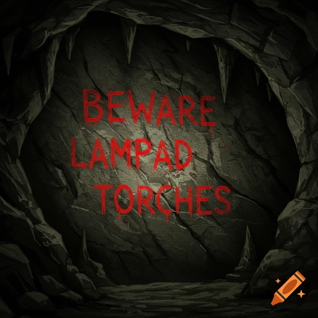 Red text 'Beware Lampad Torches' scrawled on a dark cave wall, digital art.