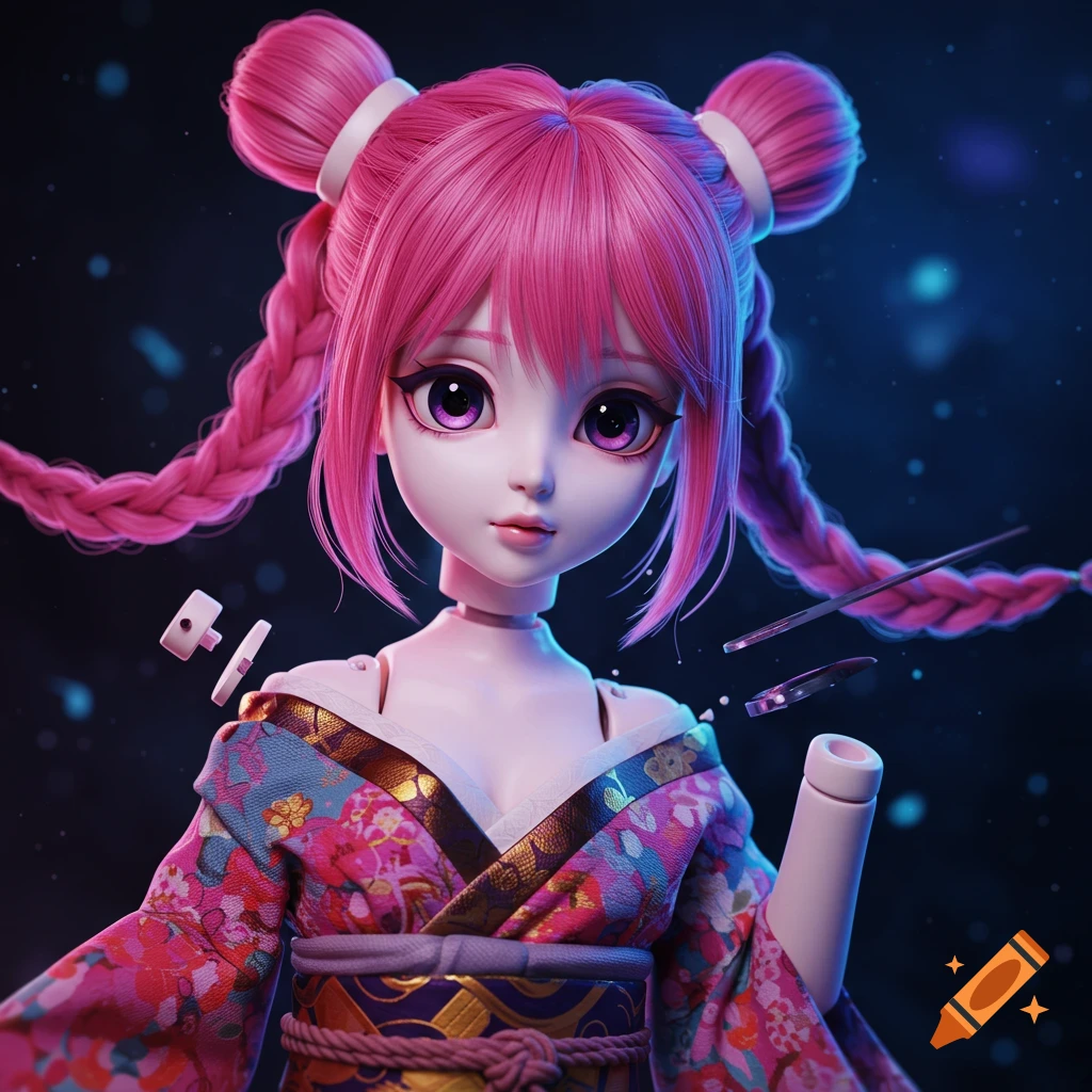 An anime doll in a kimono with a cut arm.