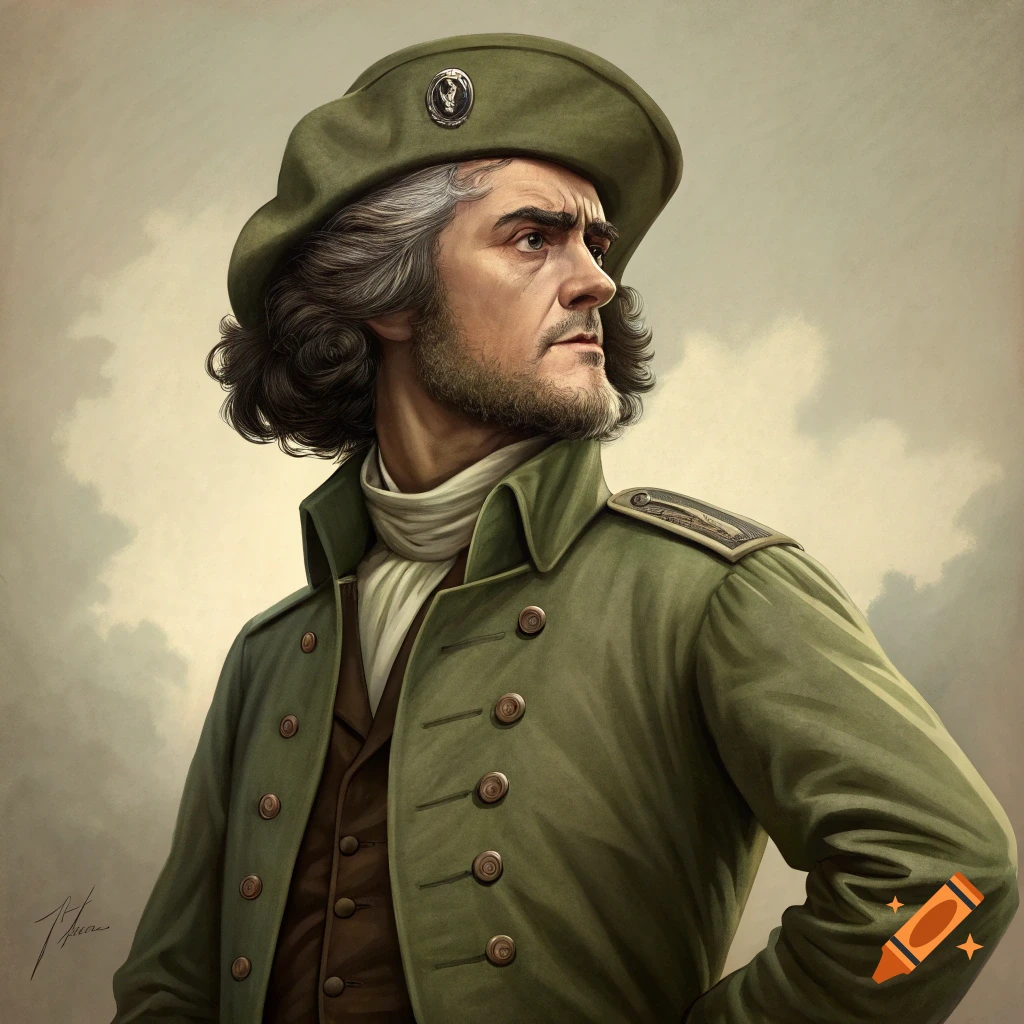 Portrait painting of a man in a green military uniform and hat, looking sternly to the right.