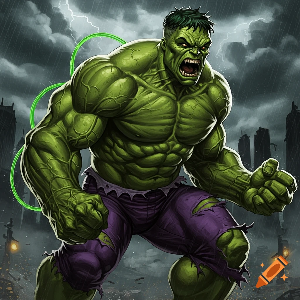 A muscular green superhero figure, a mix of Bane and Hulk, roars in a rainy, storm-filled city street, in a detailed style.
