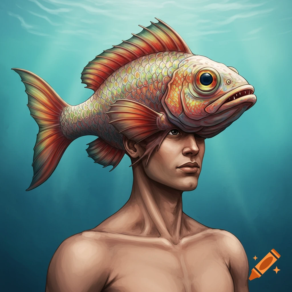 A human with a fish head on a blue underwater background