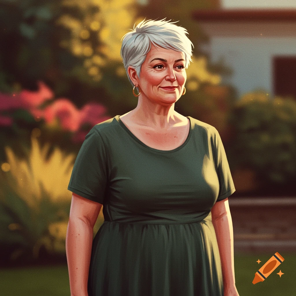 An older woman with gray hair in a green dress standing in a garden.