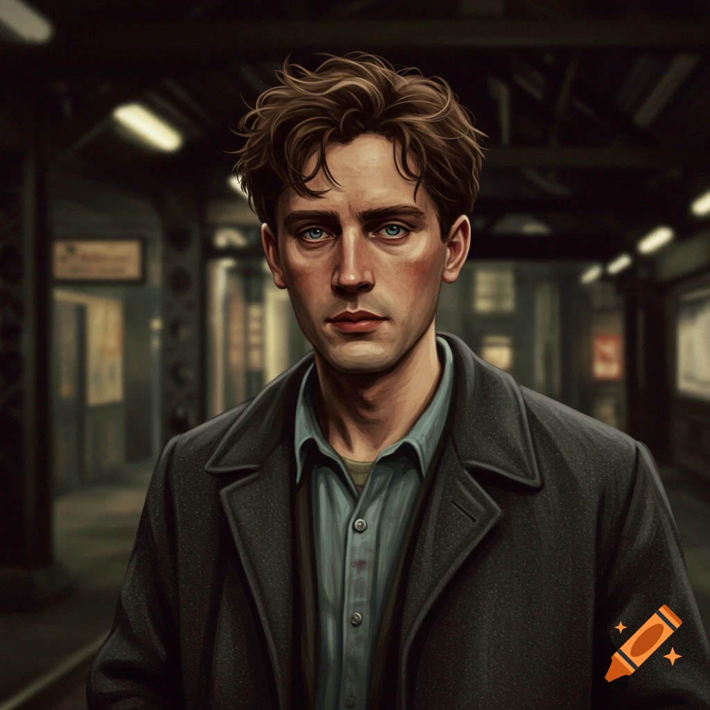 A portrait of a man with messy brown hair and a dark coat in a subway station.