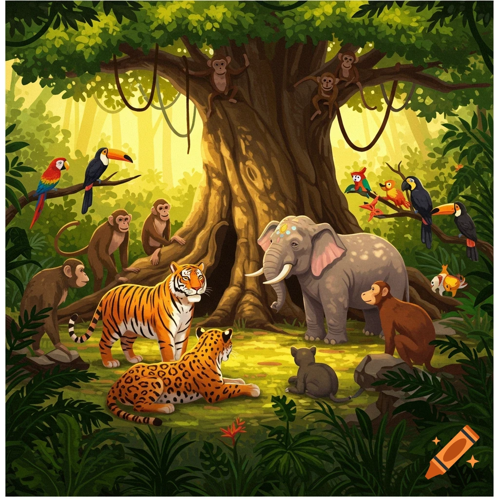 Image depicting various jungle animals, including tigers, leopards, monkeys, and birds, gathered under a large tree.