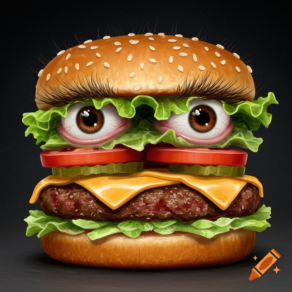 A hamburger with large eyeballs and long eyelashes.