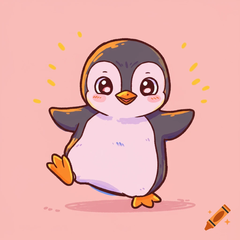 A cute cartoon penguin character standing and smiling on a pink background.