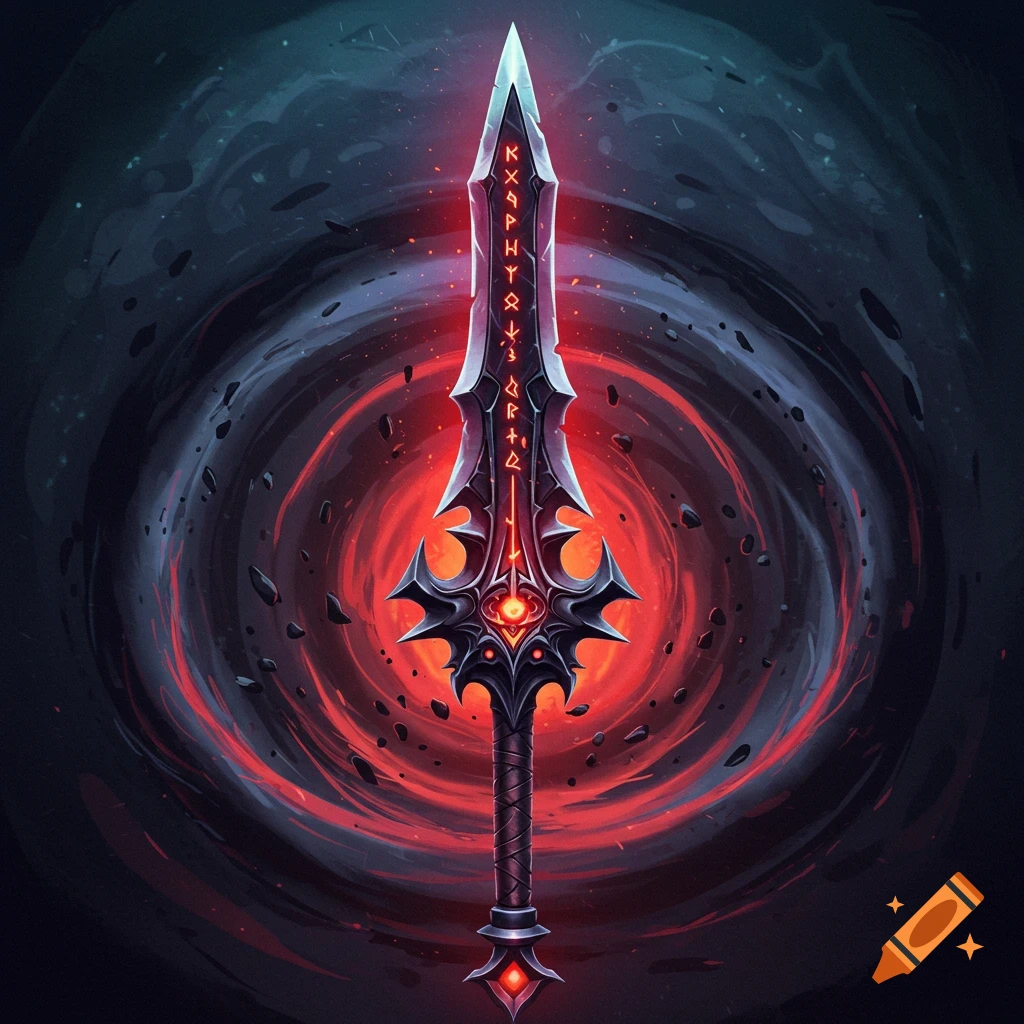 A fantasy sword with runes on the blade and a glowing red core, against a dark, swirling background.