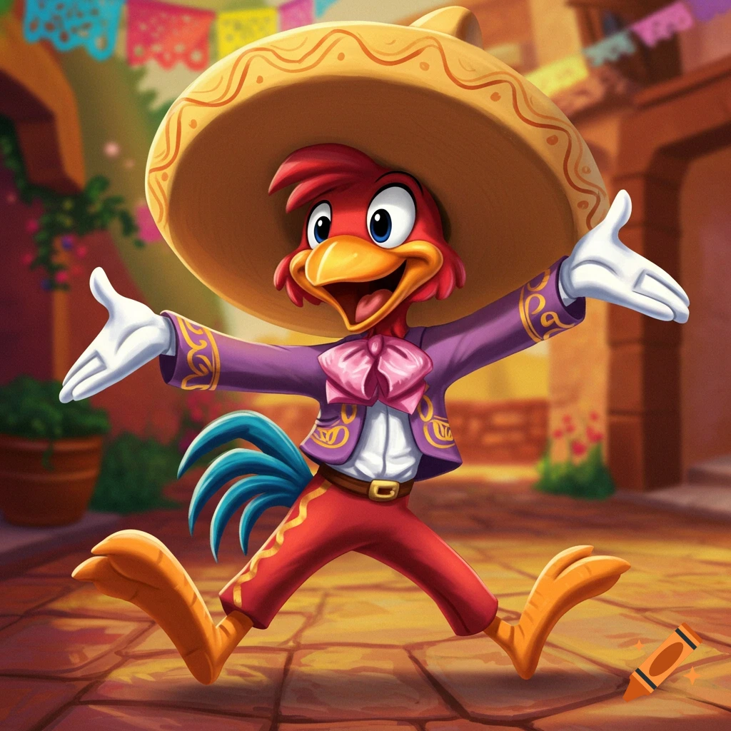 Cartoon rooster in a sombrero and mariachi suit with arms spread in a street.