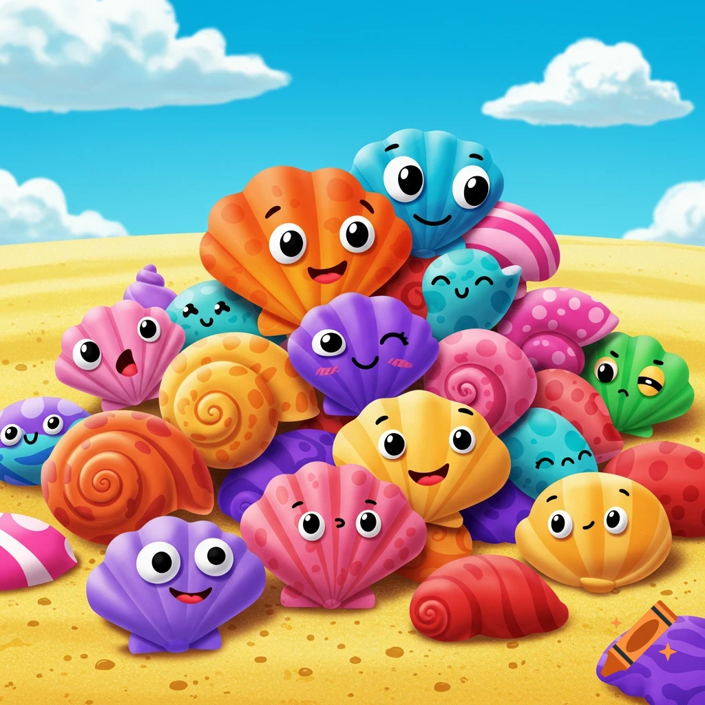 A pile of colorful cartoon shells with faces on a beach.