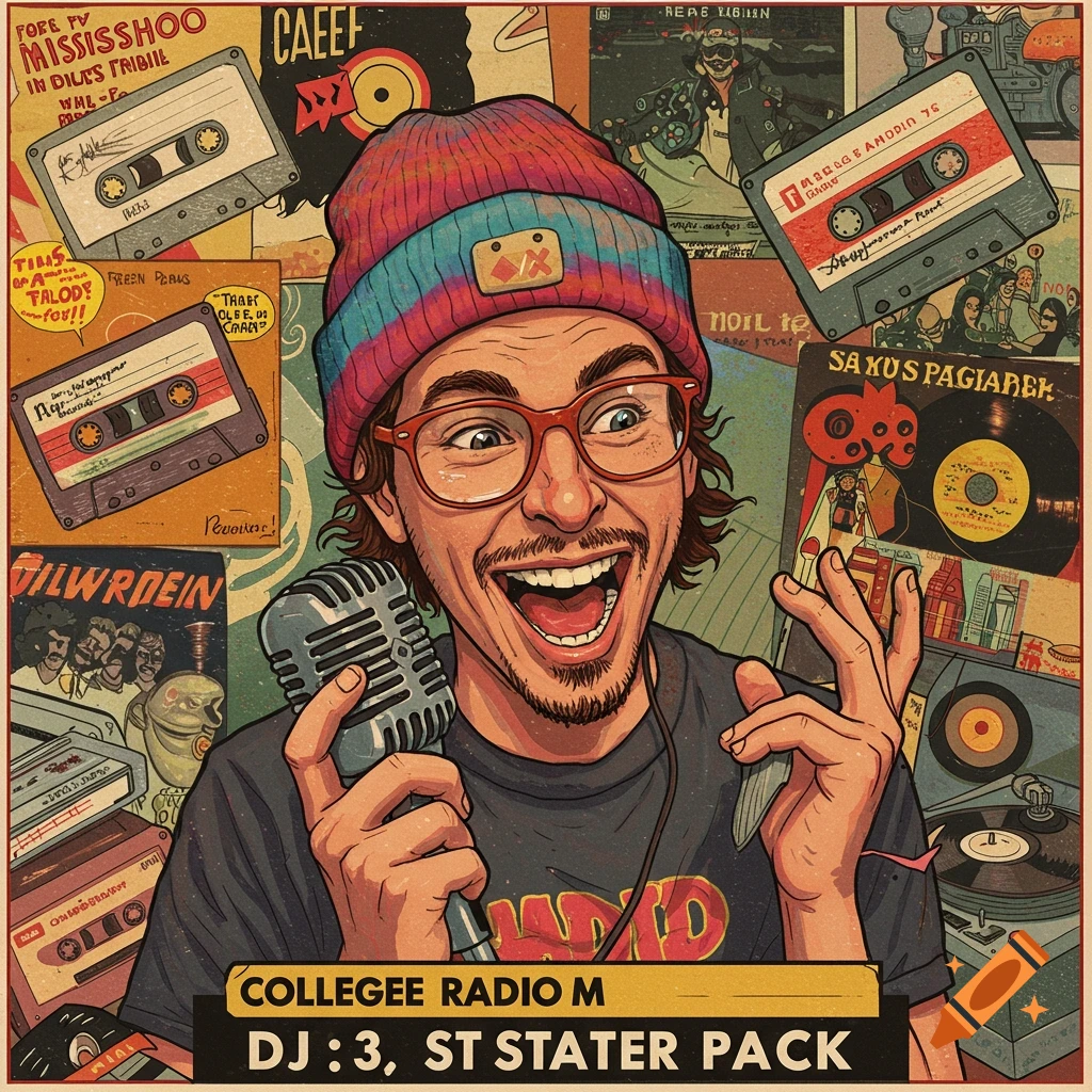 A cheerful DJ holding a microphone, surrounded by vintage cassette tapes and vinyl records.