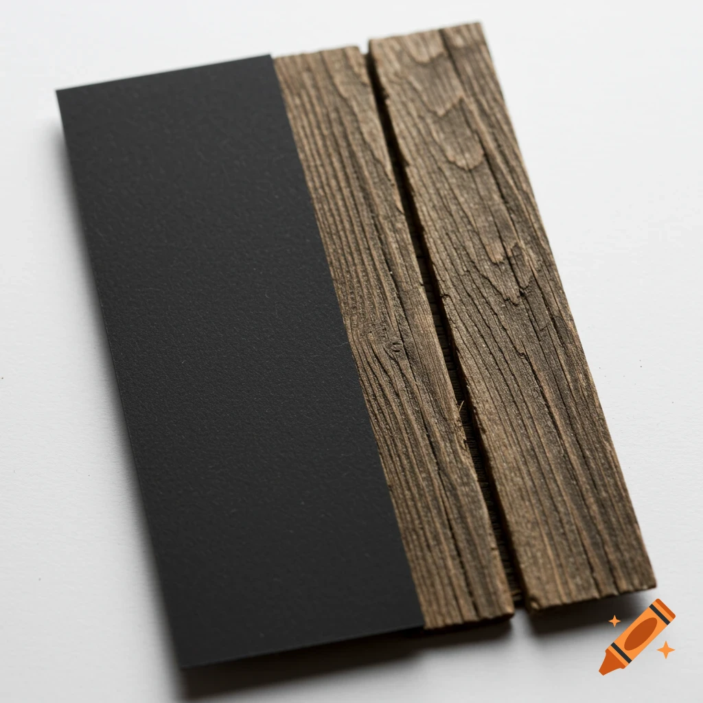A black card next to vertical rustic wood planks.