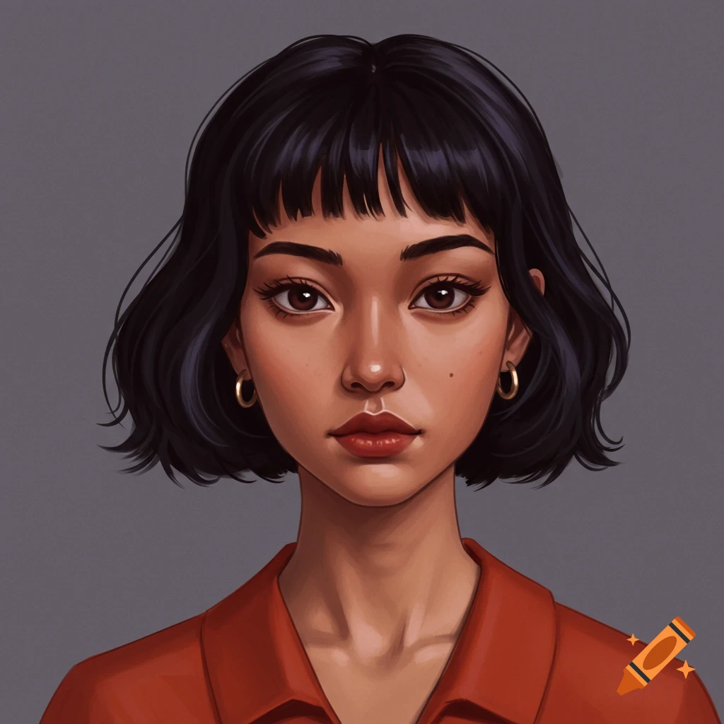 A young woman with short black hair, olive skin, dark eyes, gold hoop earrings, and a red shirt.