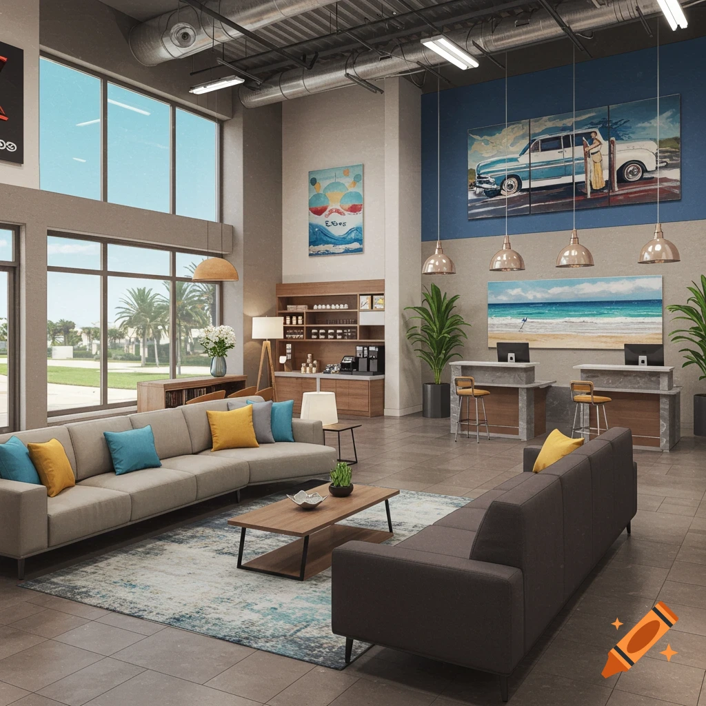 A modern lobby interior with sofas, desks, coffee bar, large windows, and beach-themed art.