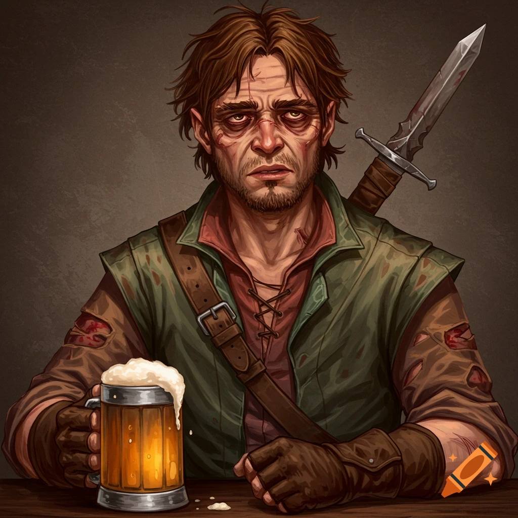 A rugged male rogue with a sword on his back, holding a mug of beer.