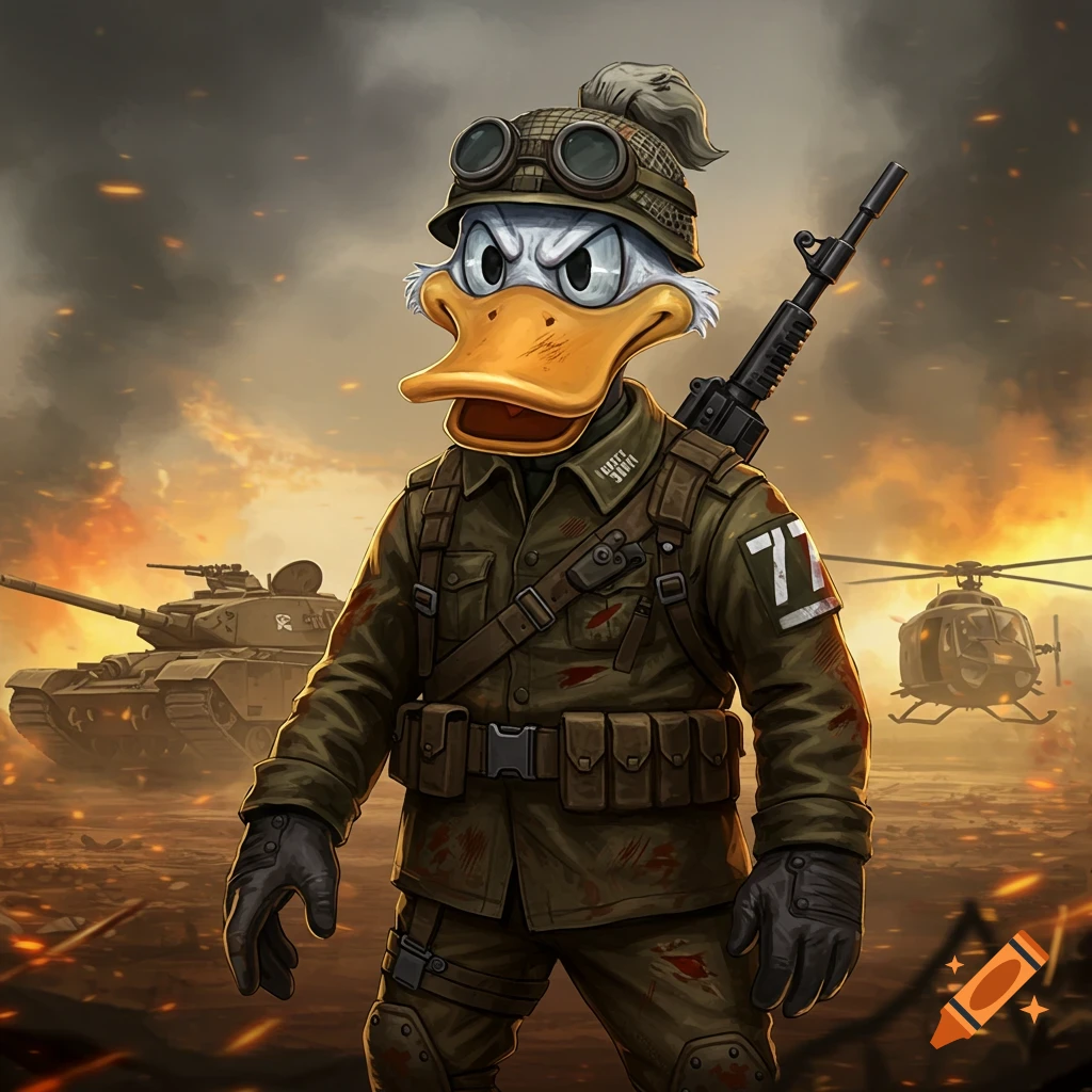 Cartoon duck character in military uniform standing in a battlefield with tanks and a helicopter in the background.