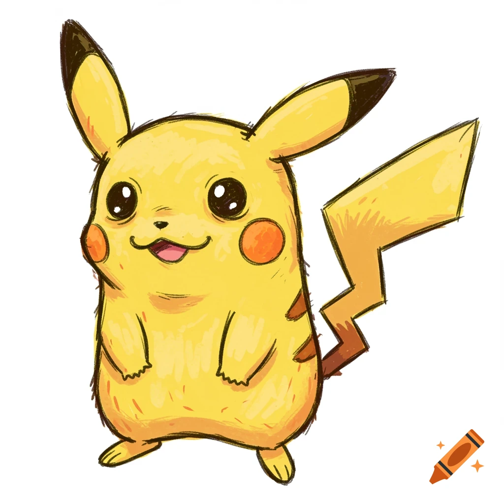 A whimsical, distorted cartoon drawing of Pikachu.