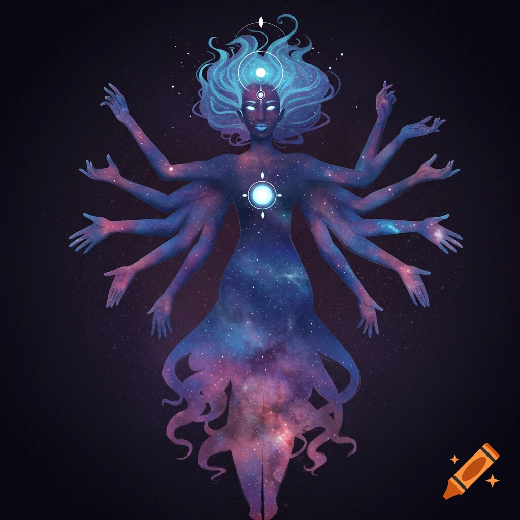 A cosmic being with 18 arms, made of a galaxy, with glowing blue hair and eyes.
