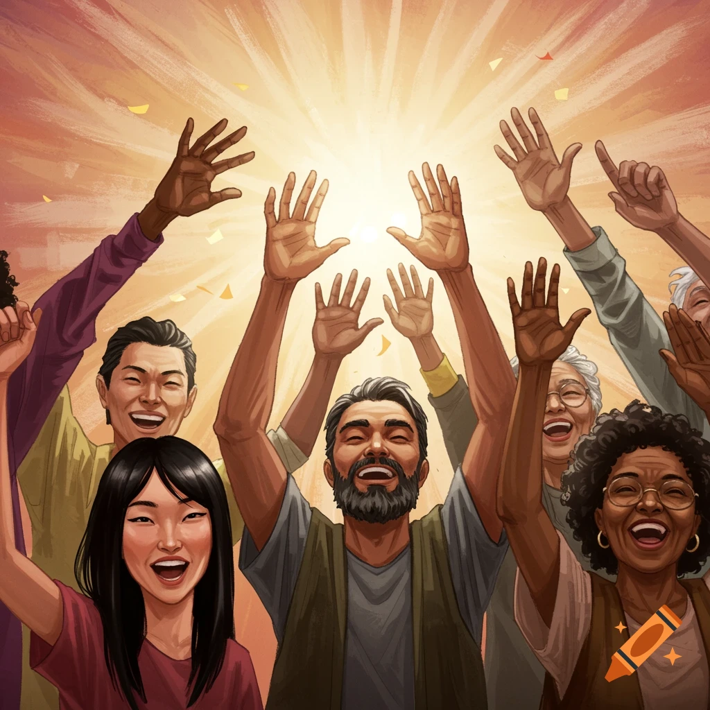 A diverse group of people with hands raised, smiling, in a vibrant style.