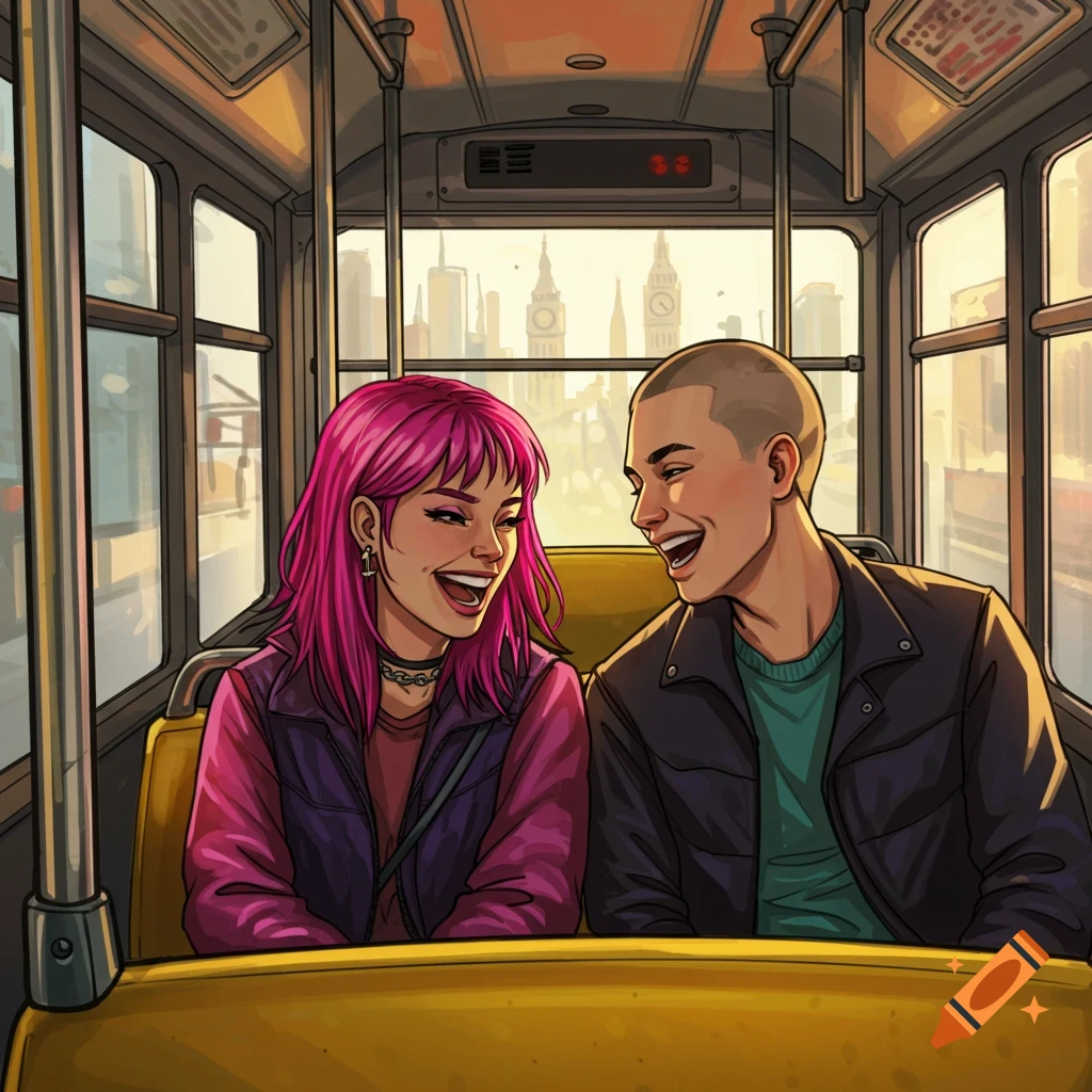 Two friends are laughing while riding a bus, with a cityscape visible outside the windows.