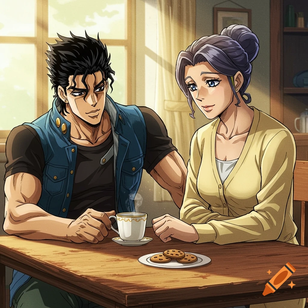 Anime drawing of a man and woman sitting at a table with tea and cookies.