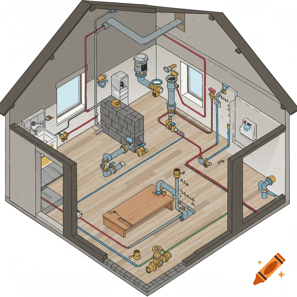 Isometric illustration of house plumbing system