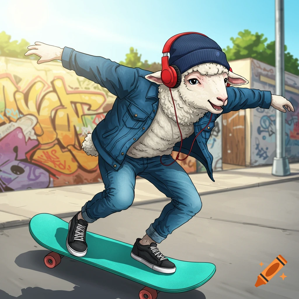 A sheep in a beanie and headphones is skateboarding past a graffiti wall.