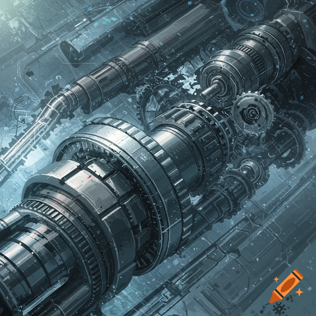 A detailed scene featuring complex mechanical structures, pipes, and gears.