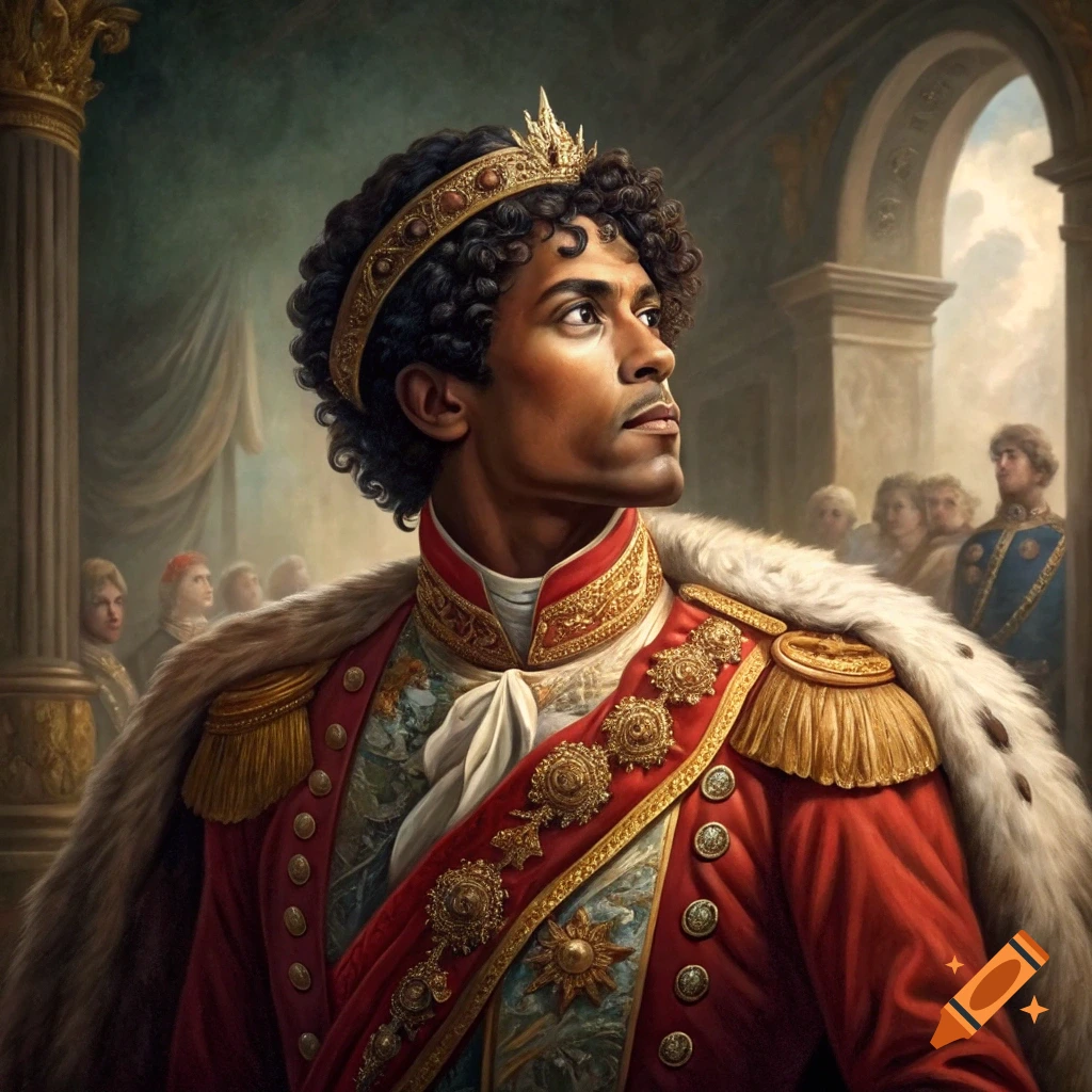 A portrait painting of a man in historical regal attire, wearing a crown and fur-trimmed robe.