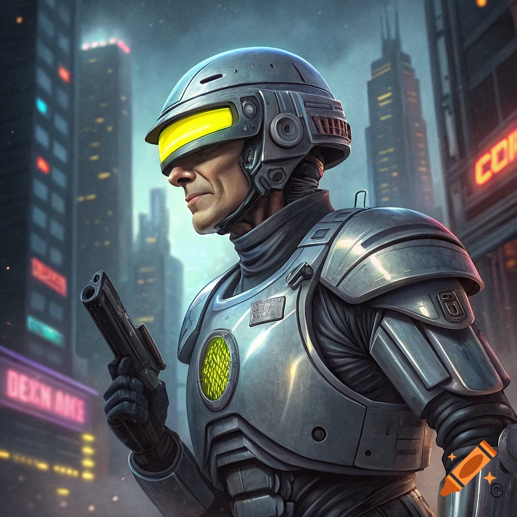 Pee-wee Herman as Robocop holds a gun in a futuristic city. Photorealistic.