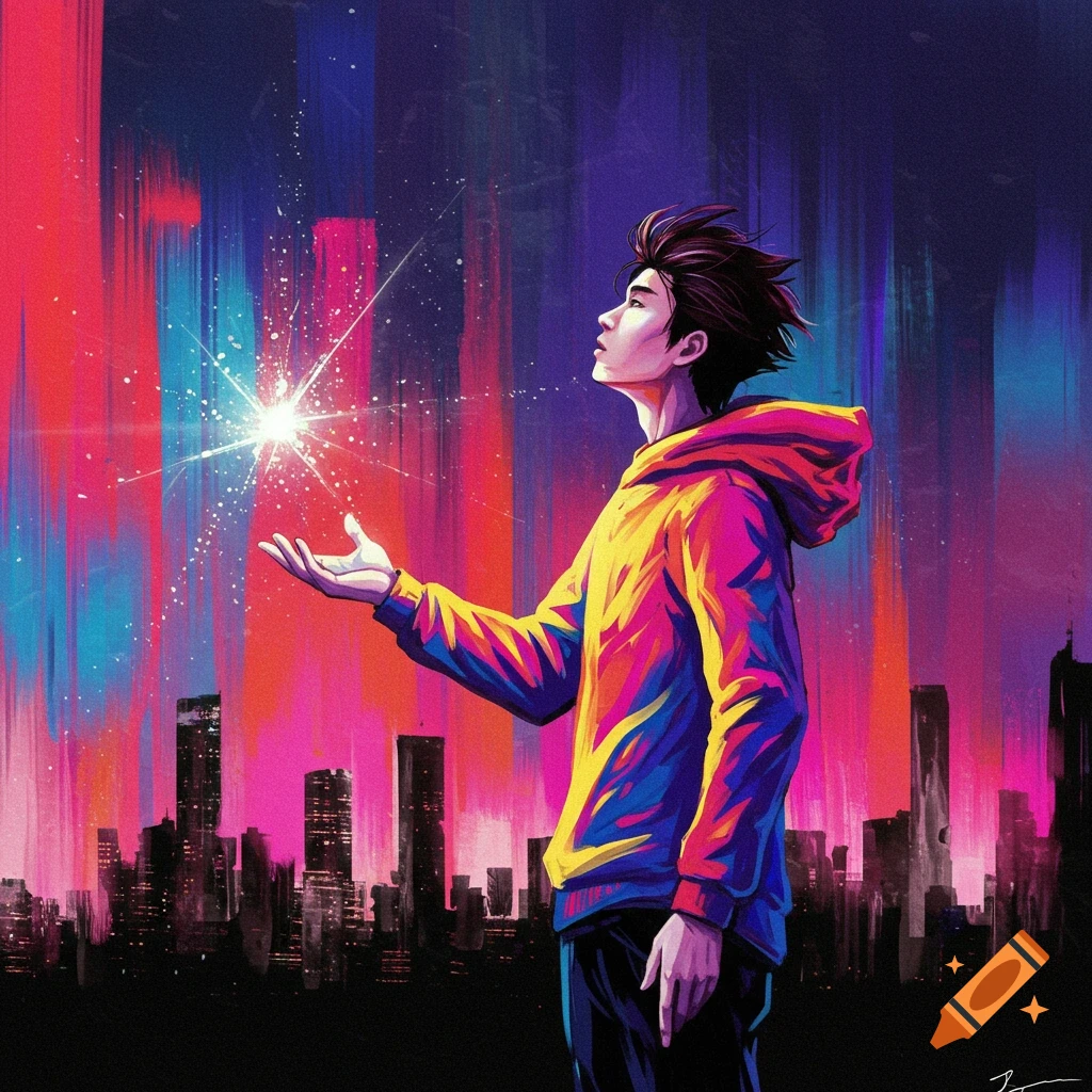 A person holds a glowing light over a vibrant, stylized city skyline.