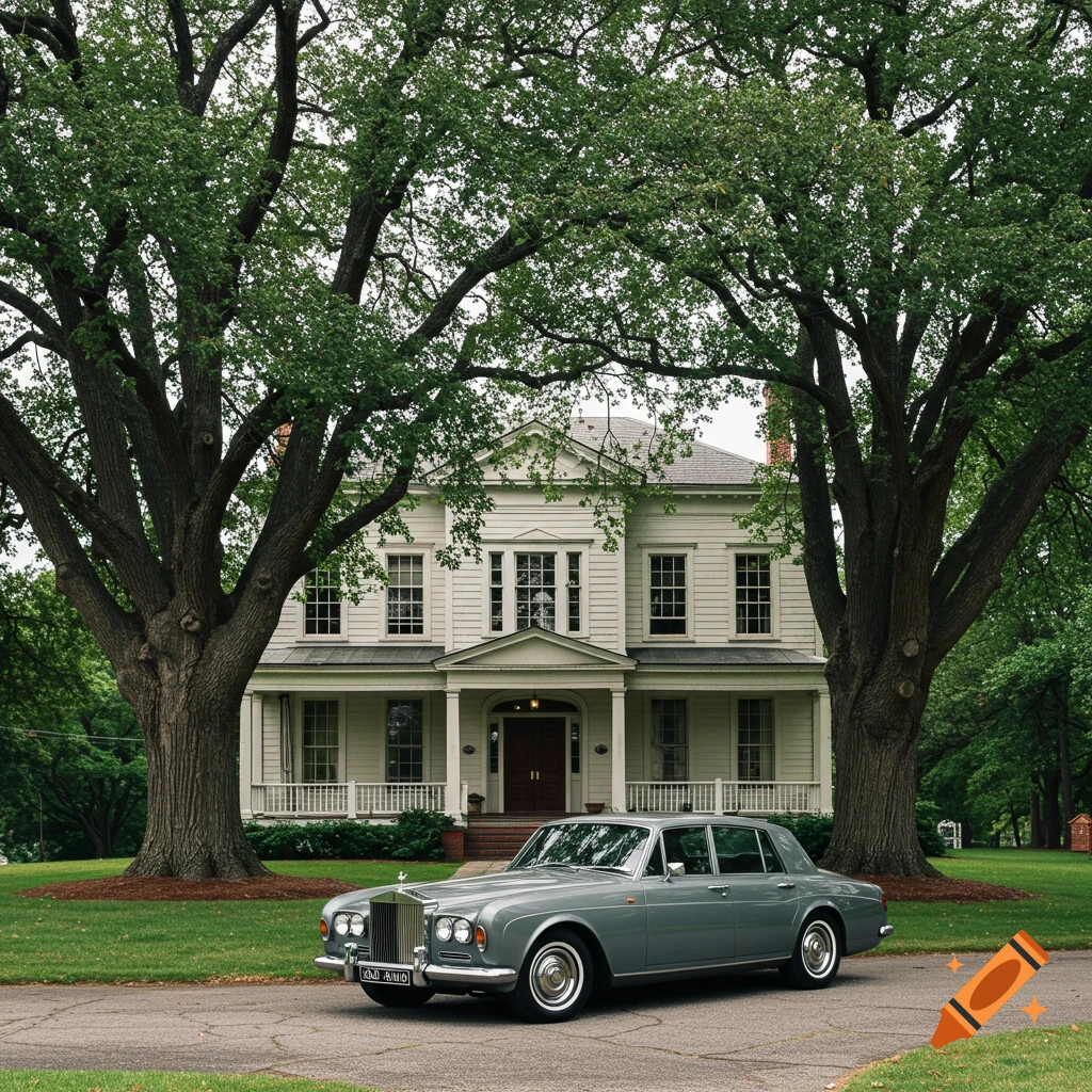 A grey classic car parked on a driveway in front of a large white house with two tall trees.