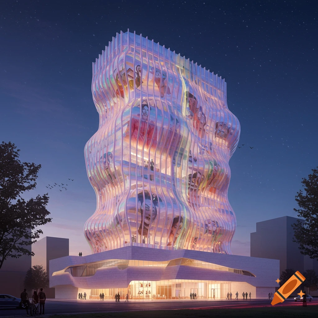 A curvy, iridescent building at night featuring large stylized portraits on its facade.