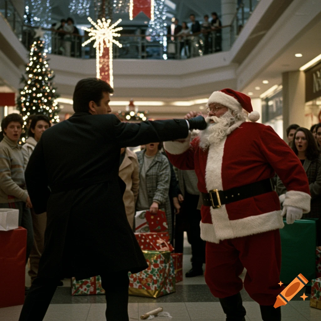 A man in a dark coat punches Santa Claus in the face in a busy, Christmas-decorated shopping mall.