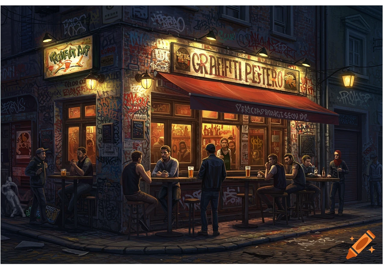 A pub with red awnings and graffiti-covered walls at night, with several people sitting outside.