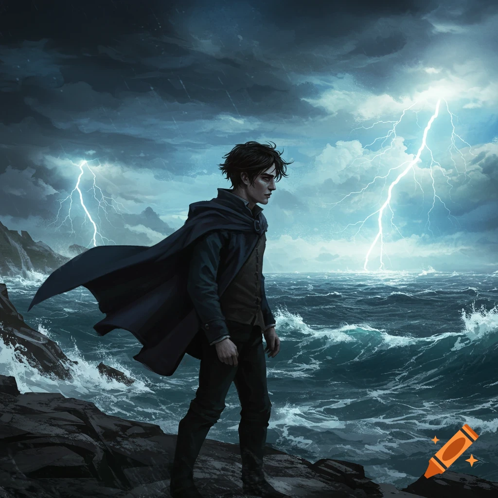 A person stands on a rocky shore during a stormy sea with lightning
